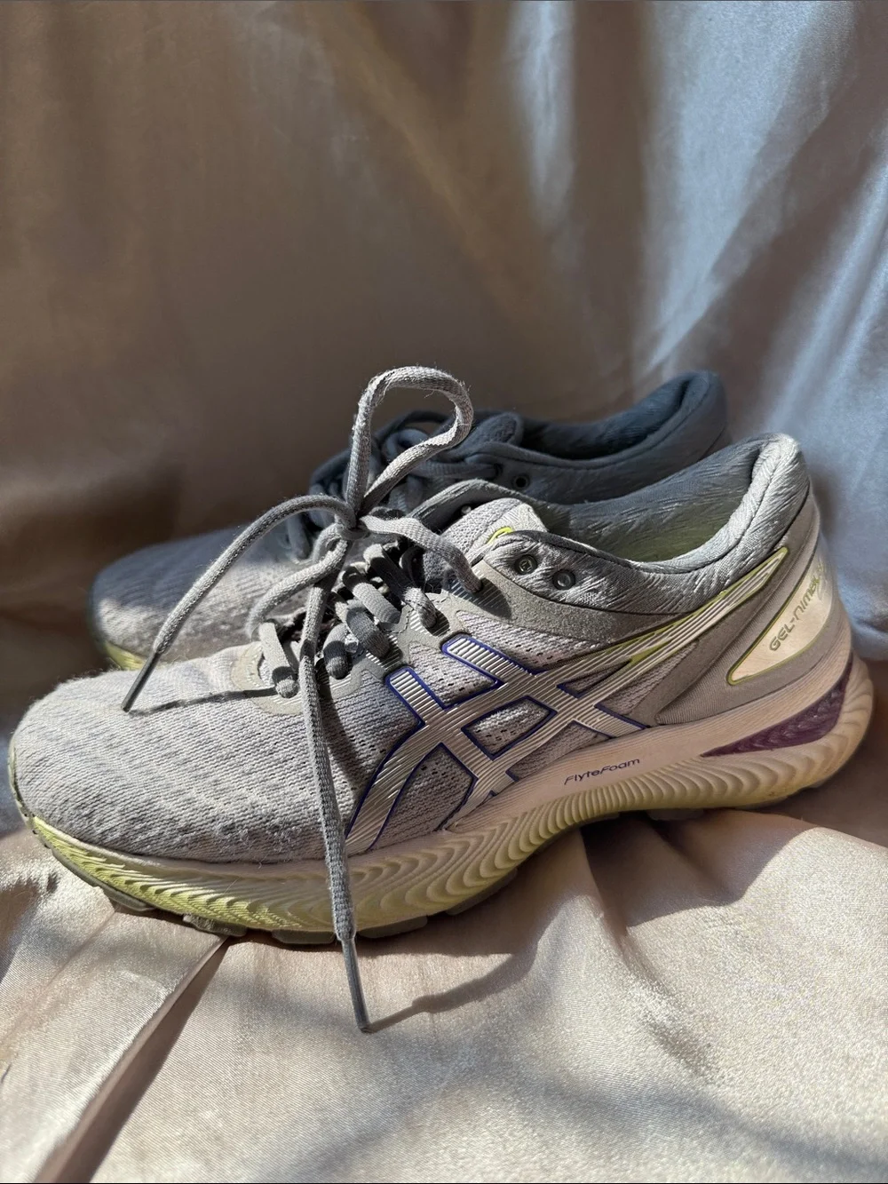 ASICS Gray Athletic Running Shoes with Purple and Lime Accents